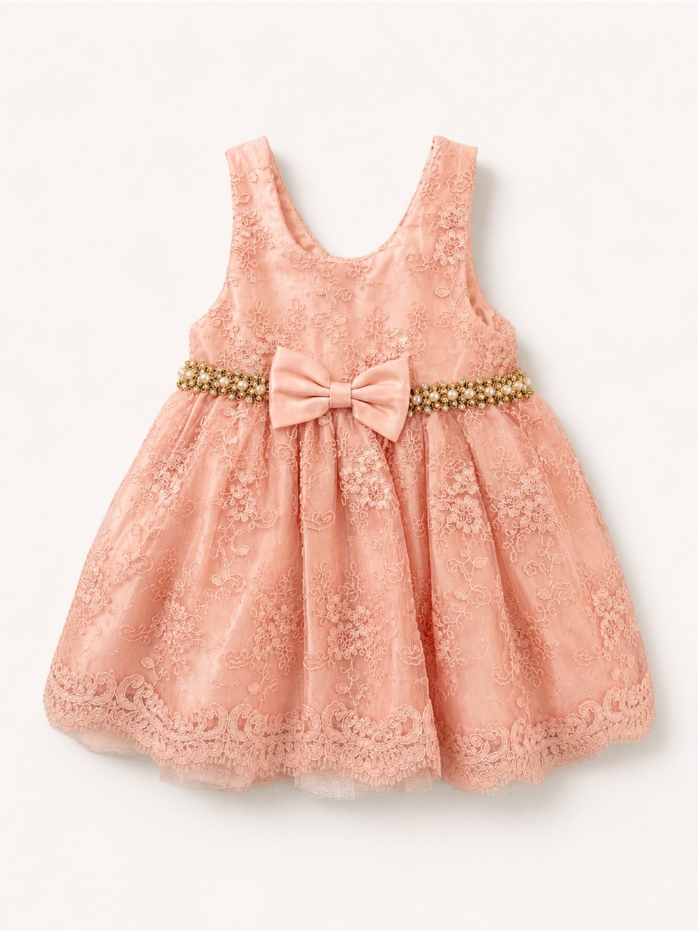American Princess Pink Lace Bow Flower Girl Dress with Gold Beaded Waist